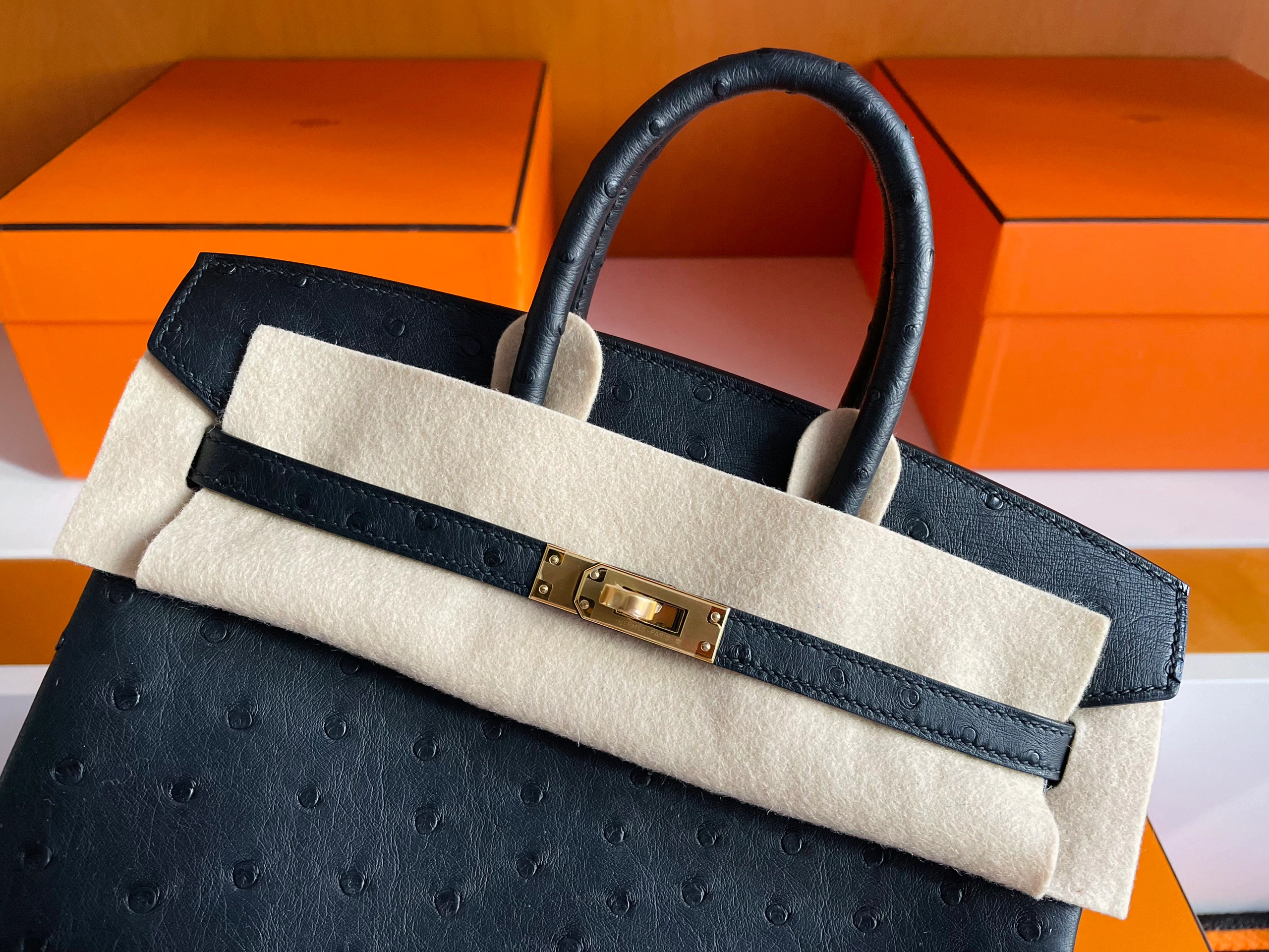 Birkin 25/30/35cm South African KK Ostrich Leather, Premium Fully Handcrafted Exclusive Custom –black