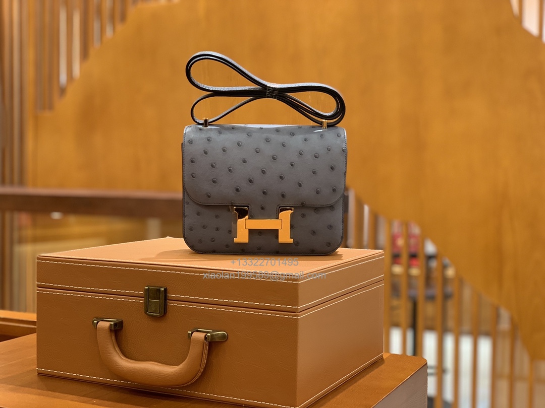 Hermès Constance 18/24 in Ostrich Leather, Premium Fully Handmade Exclusive Customization –Asphalt Grey