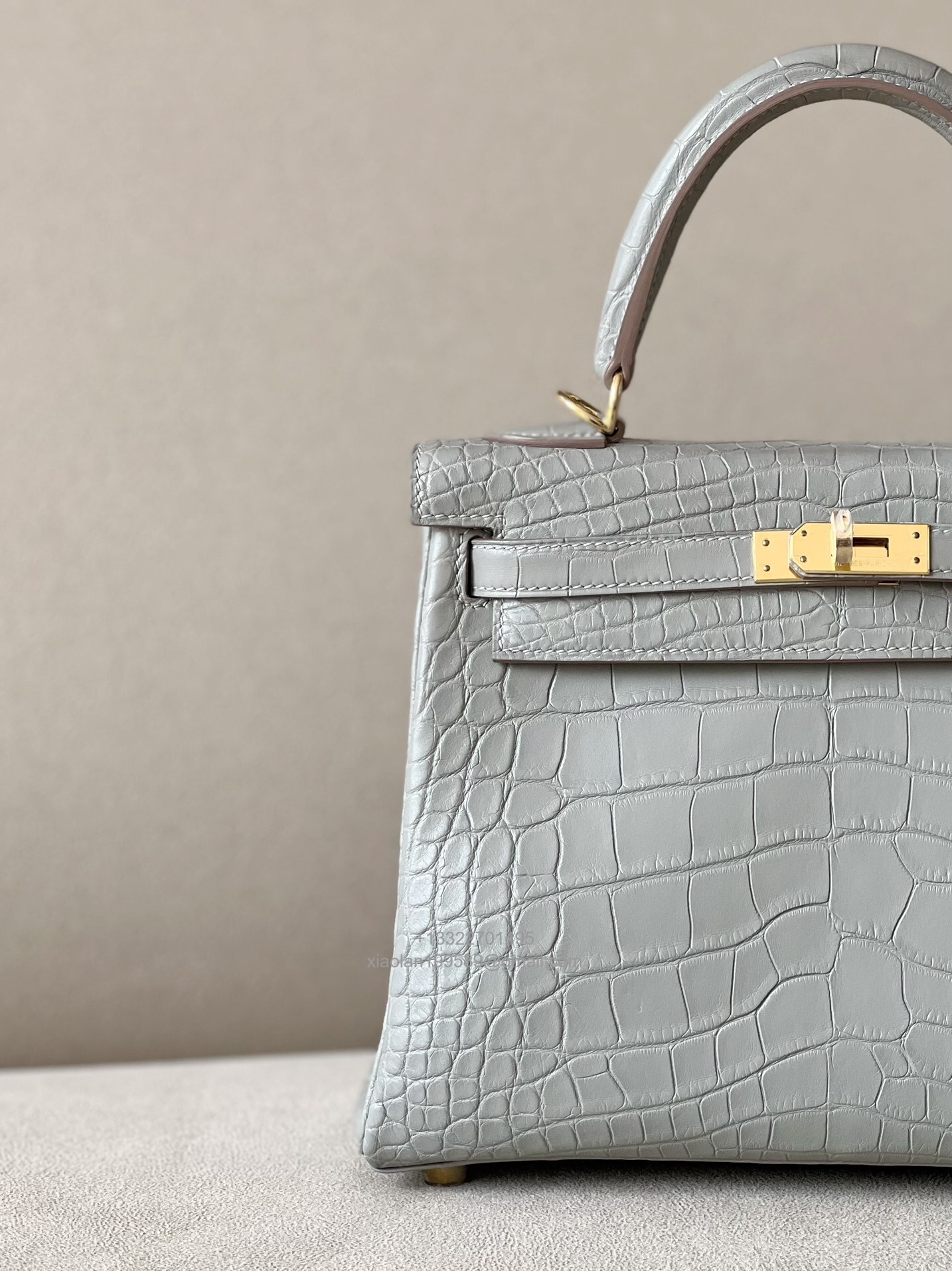 Hermès Kelly 25/28/32cm in Crocodile Leather, Fully Handmade Premium Private Customization-Pearl Grey