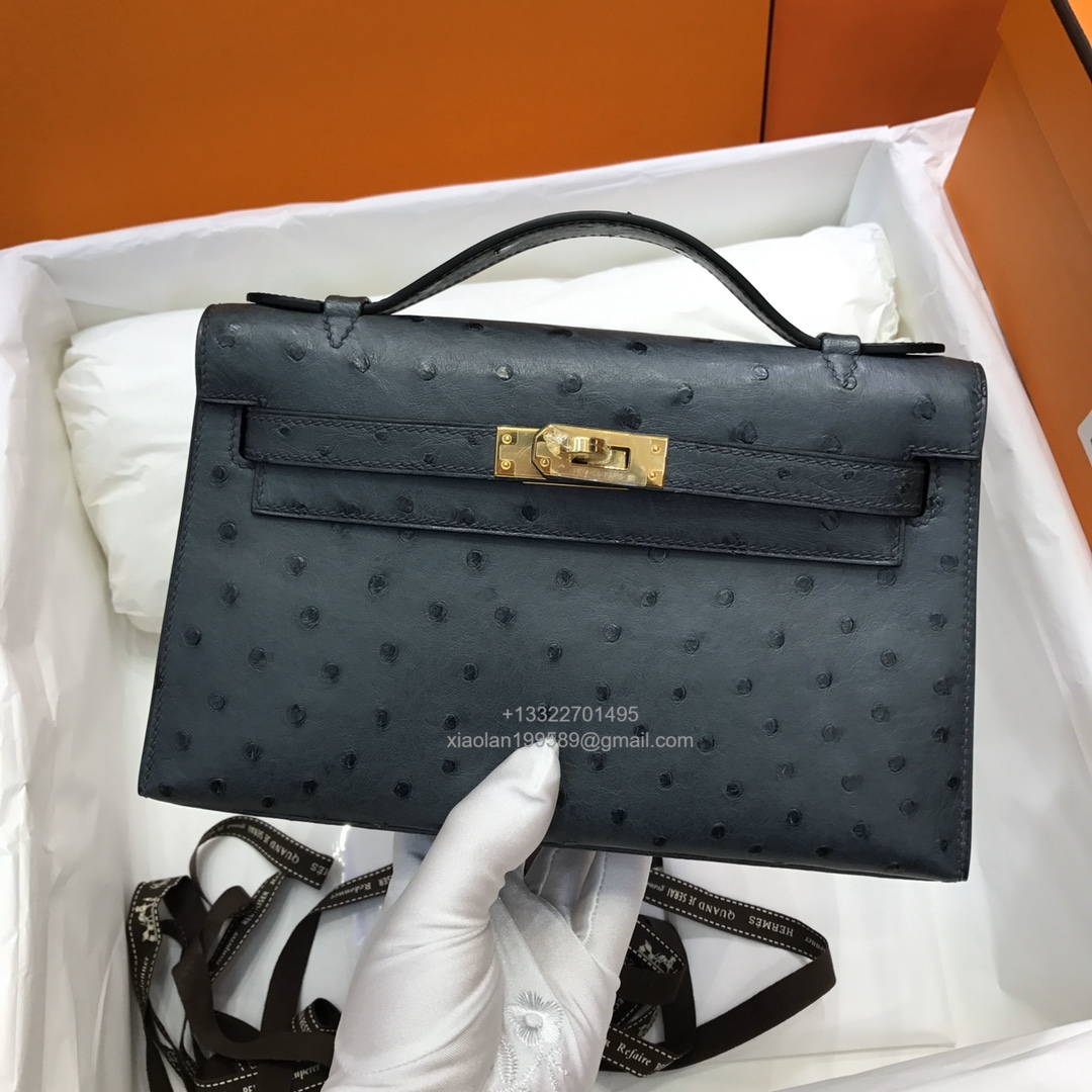 Hermès Kelly Pochette Clutch Bag, South African KK ostrich leather, fully handmade haute couture – Black