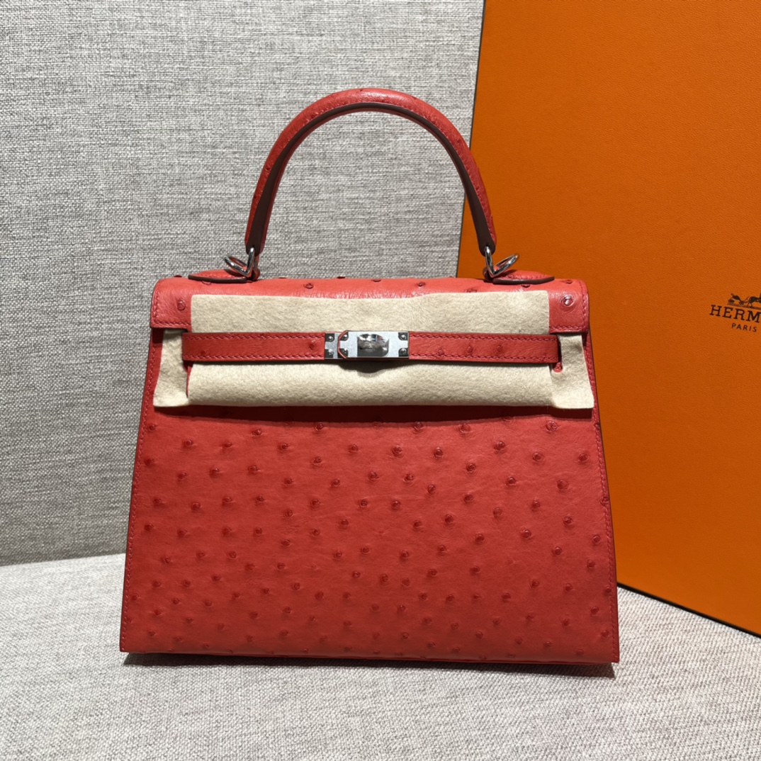 Kelly 25/28/32cm South African KK Ostrich Leather, Premium Fully Handcrafted Exclusive Custom –Flag Red