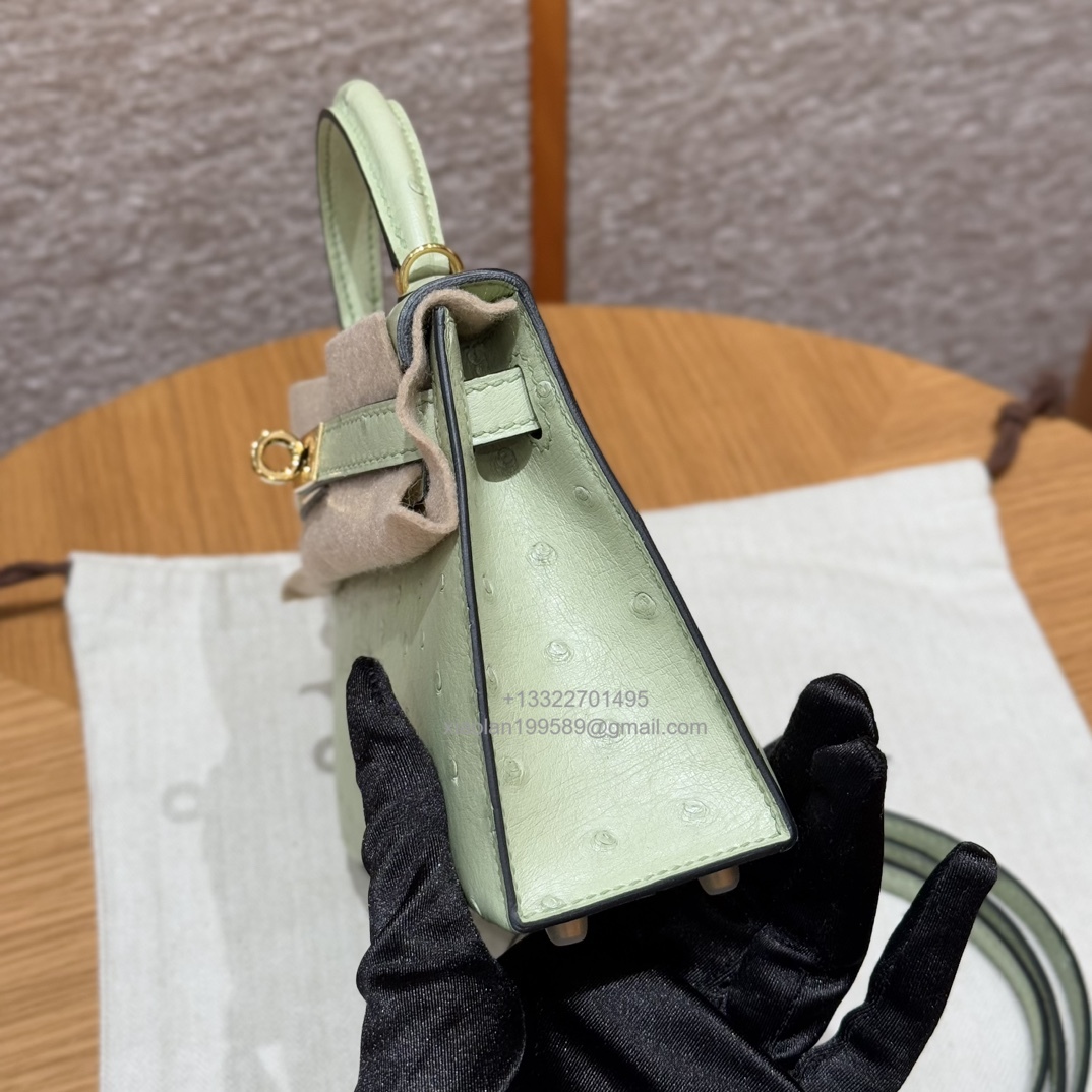 Hermès Mini Kelly Sellier II 20 in Ostrich Leather 3i/Vert Criquet