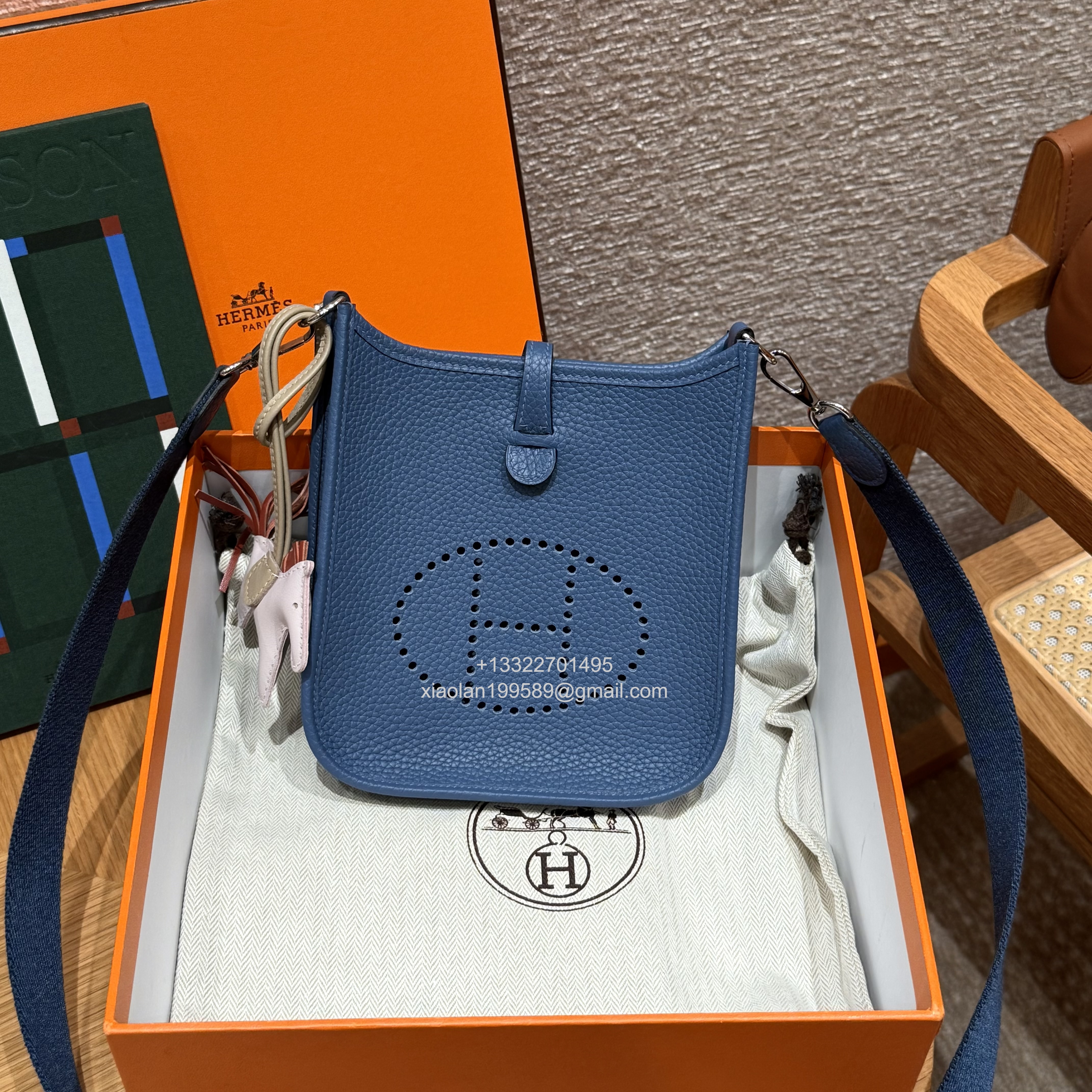 Hermès Evelyne mini Bag in Clemence Leather, Premium Handcrafted Customization-Blue agate