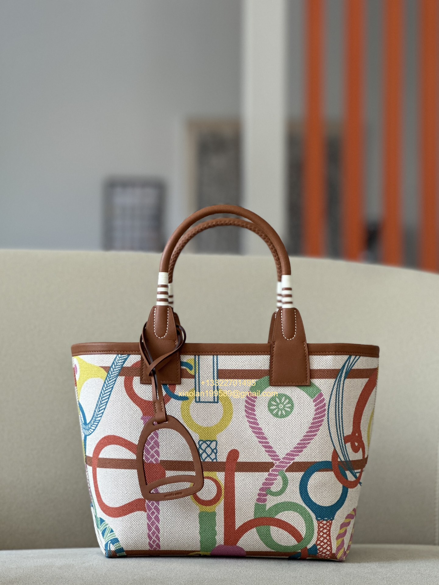 Hermes Steeple 25 Bag H canvas and Swift calfskin H083611C Multicolor Printed Ecru