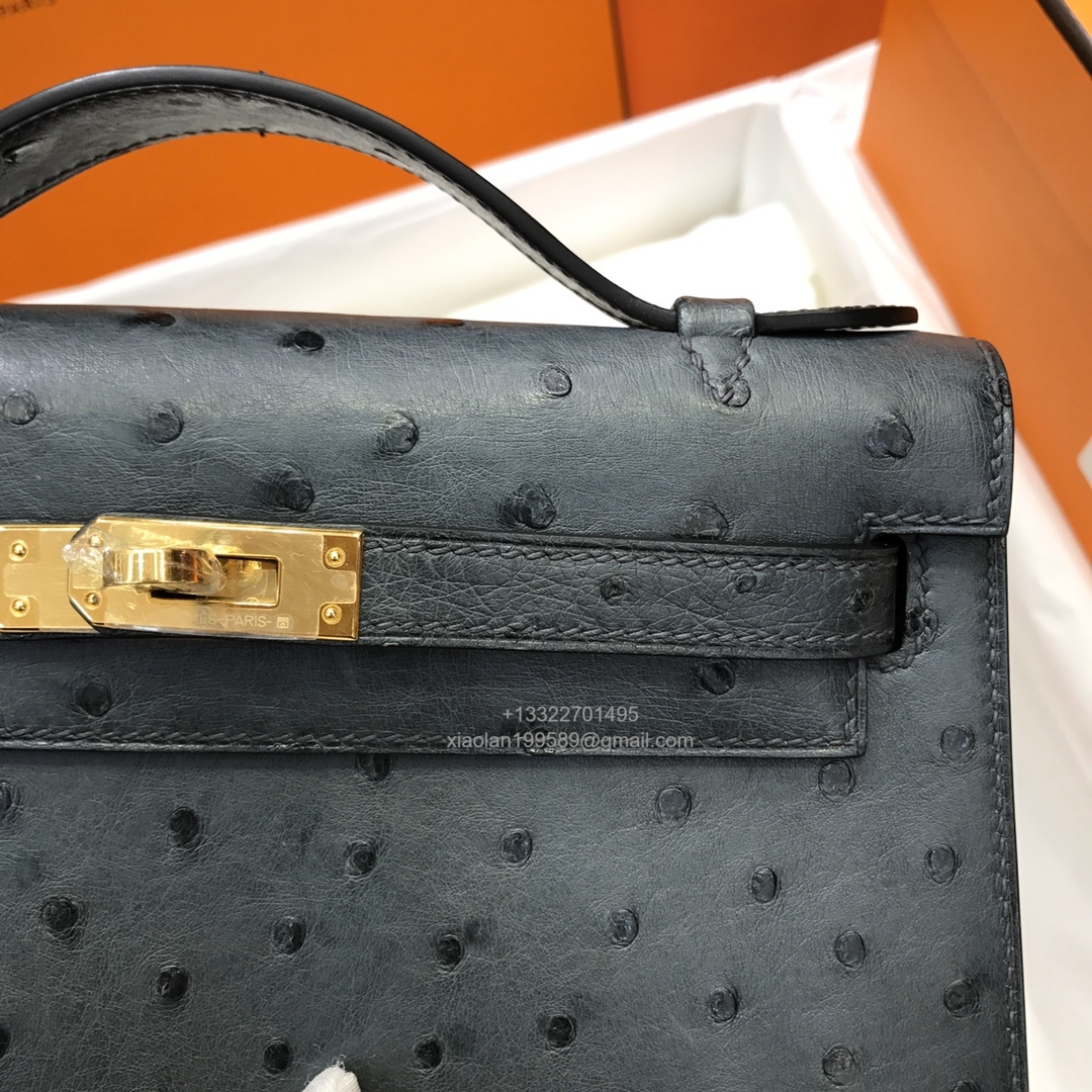 Hermès Kelly Pochette Clutch Bag, South African KK ostrich leather, fully handmade haute couture – Black