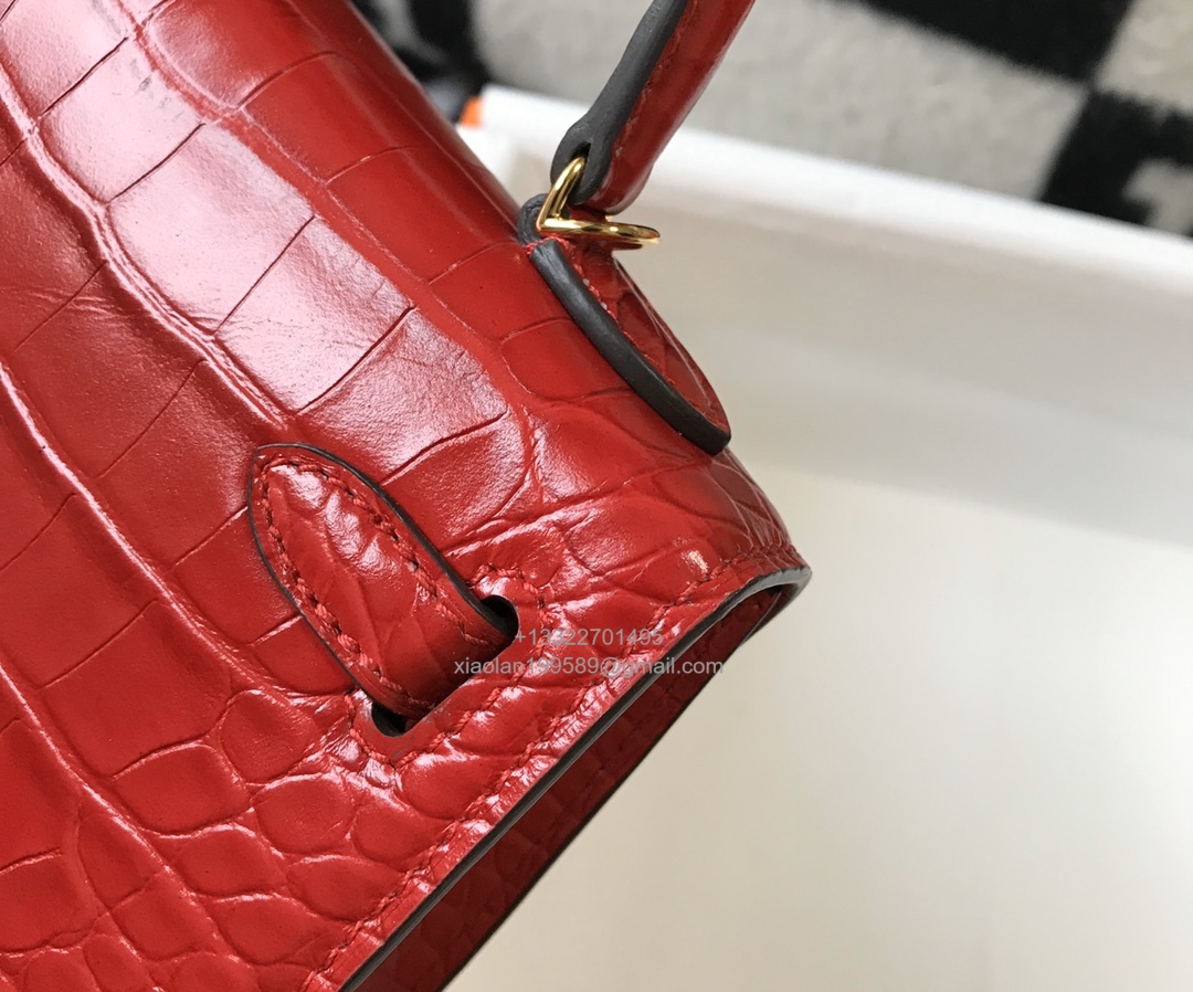 Hermès Mini Kelly in Crocodile Leather, Fully Handmade Premium Private Customization – Flag Red