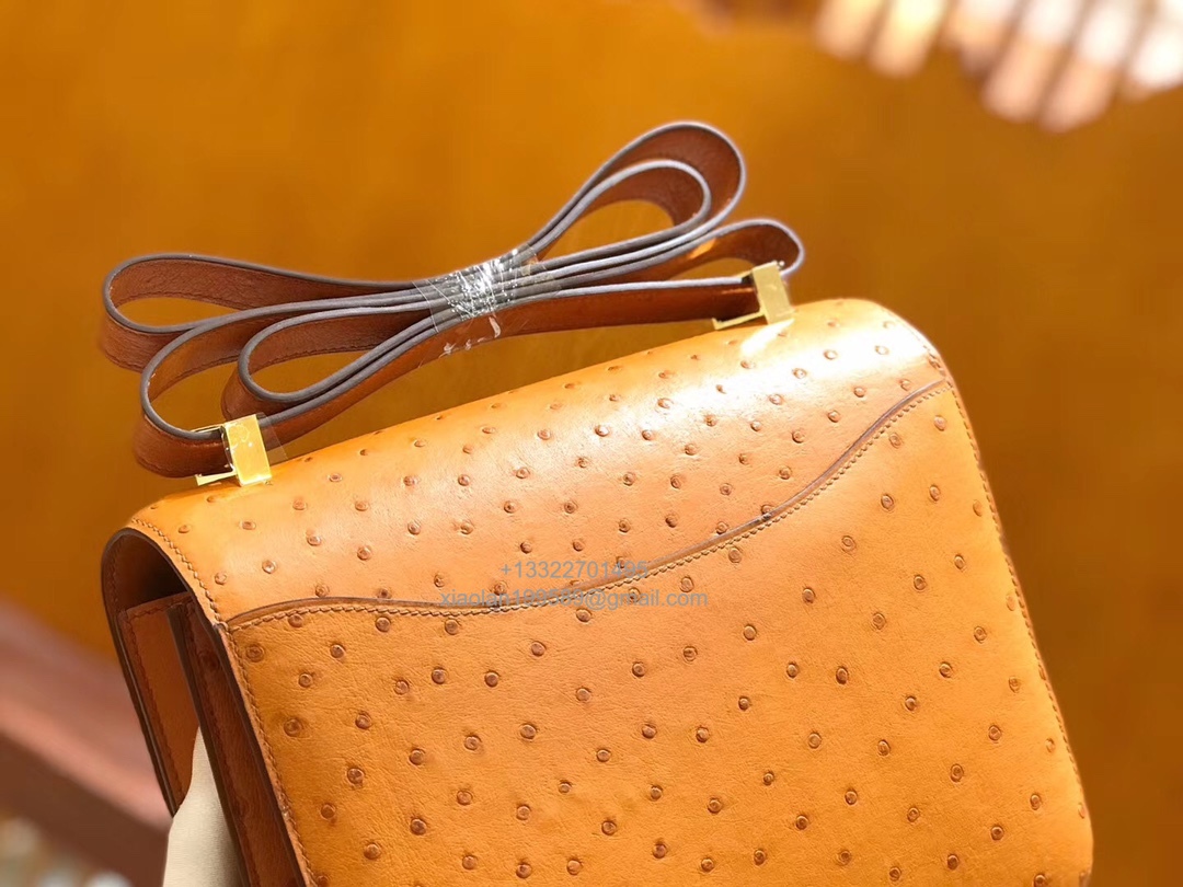 Hermès Constance 18/24 in Ostrich Leather, Premium Fully Handmade Exclusive Customization –Gold Brown