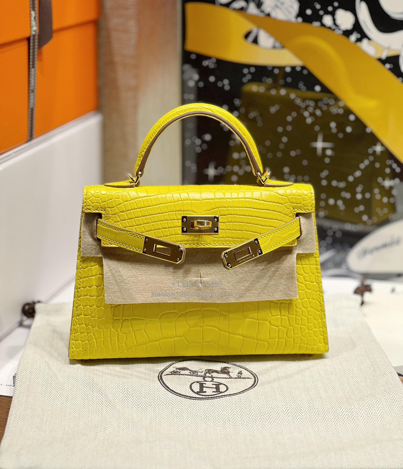 Hermès Mini Kelly in Crocodile Leather, Fully Handmade Premium Private Customization –Marigold Yellow