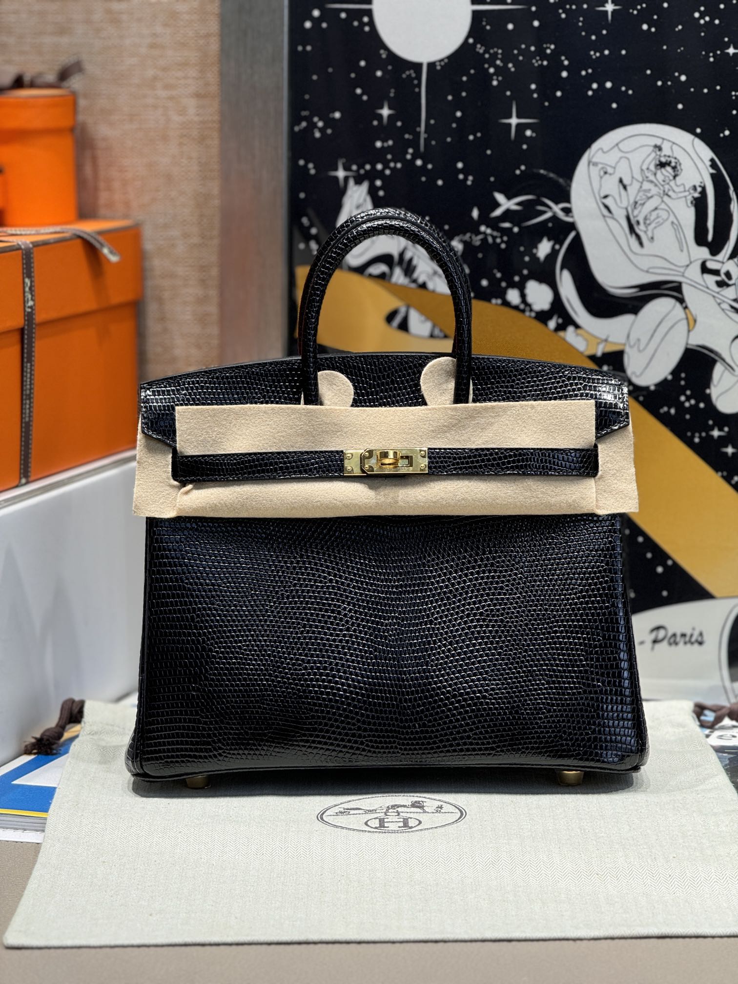 Birkin – Imported French lizard skin, premium stainless steel with 18K gold-plated hardware, fully handcrafted luxury custom-made ‼️ Black