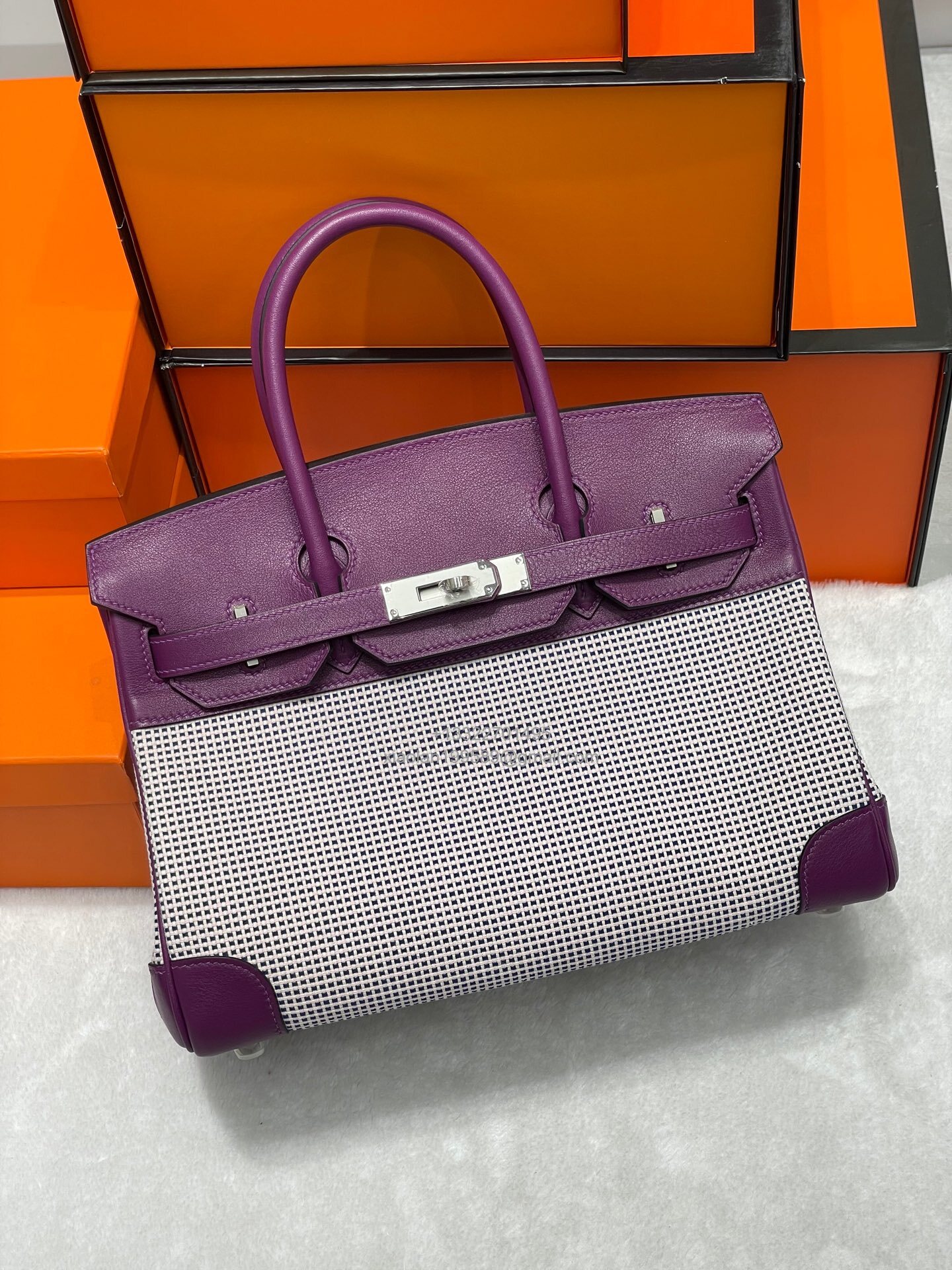 Hermès Birkin 25/30/35cm in Original Imported Swift Leather with Waffle Canvas Patchwork Anemone Purple – Limited Edition, Boutique Synchronized Version, Fully Hand-stitched with Waxed Thread, Solid Steel Hardware.