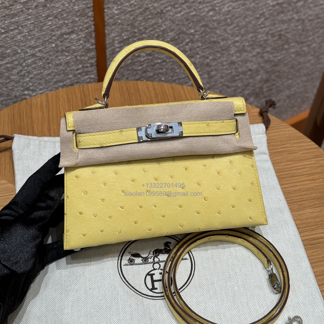 Hermès Mini Kelly Sellier II 20 in Ostrich Leather  9R/Lime