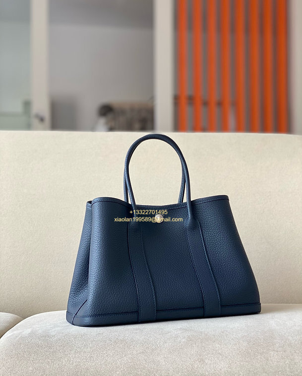 Hermès Garden Party 30/36 Bag in Negonda Calfskin, Color: Deep Sea Blue.