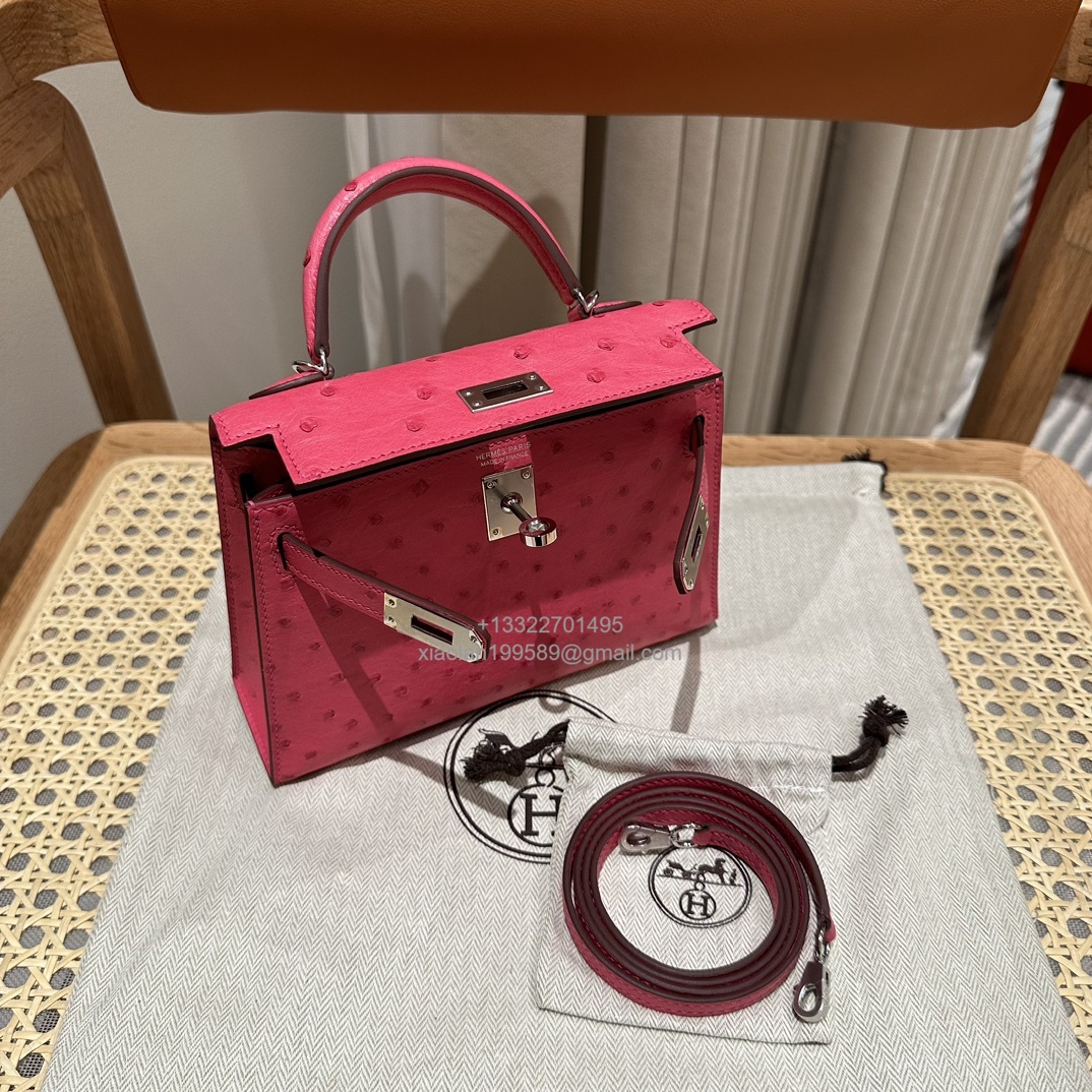 Hermès Mini Kelly Sellier II 20 in Ostrich Leather  E5/Rose Tyrien