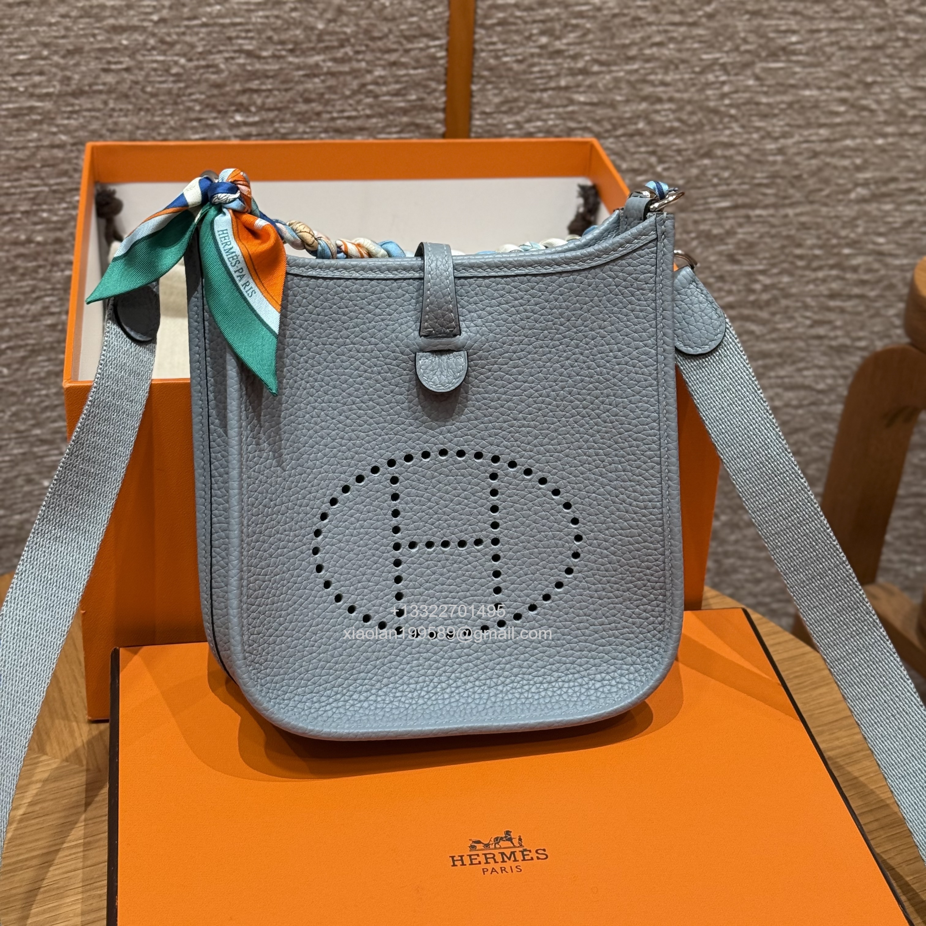 Hermès Evelyne mini Bag in Clemence Leather, Premium Handcrafted Customization-Blue Lin