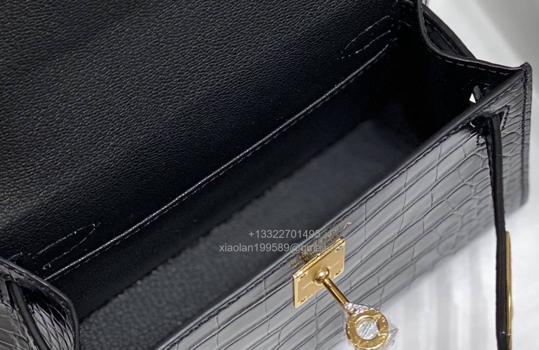 Hermès Mini Kelly in Crocodile Leather, Fully Handmade Premium Private Customization –Black