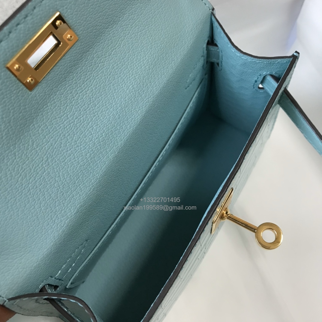 Hermès Mini Kelly in Crocodile Leather, Fully Handmade Premium Private Customization –Macaw Blue