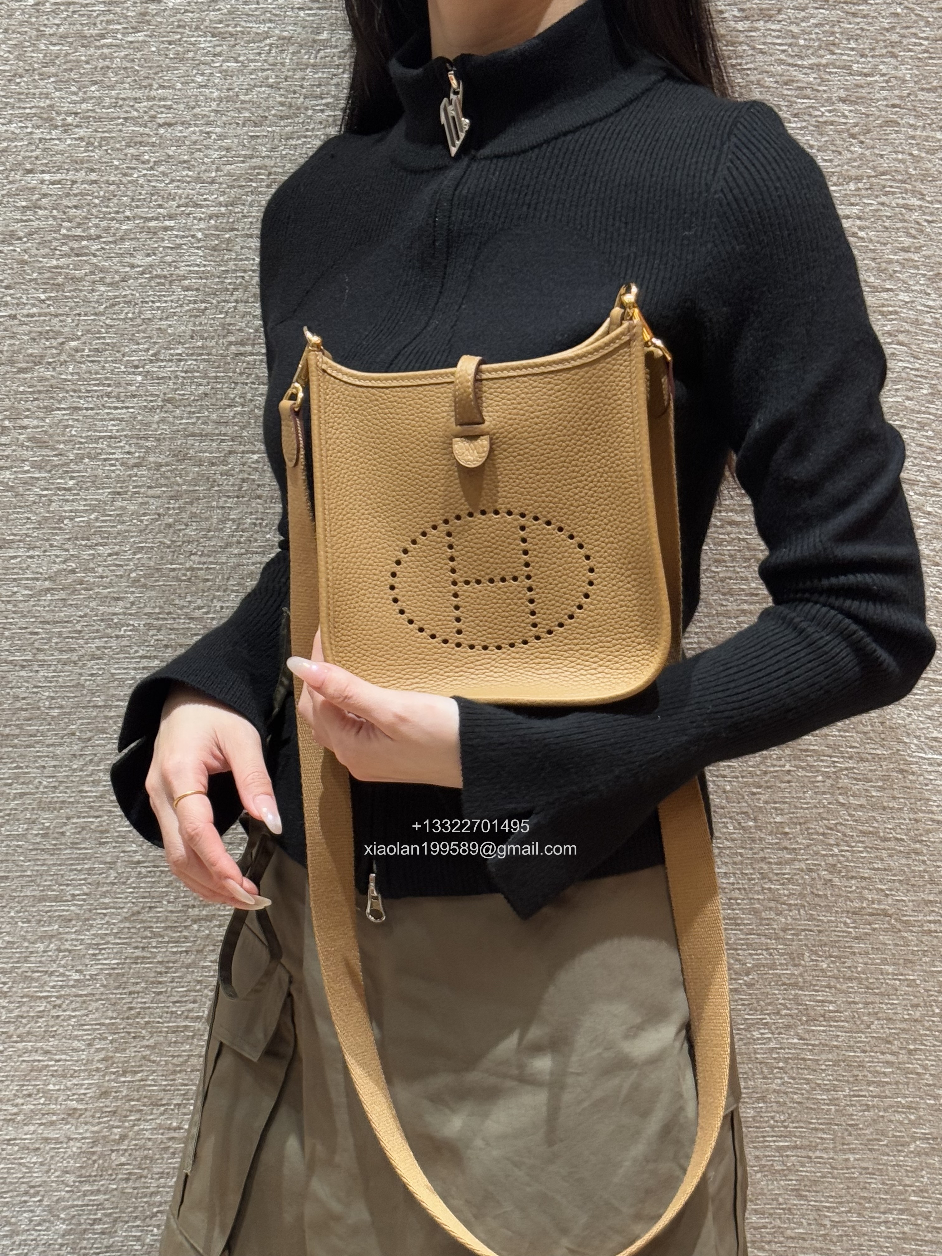 Hermès Evelyne mini Bag in Clemence Leather, Premium Handcrafted Customization-Gold Brown