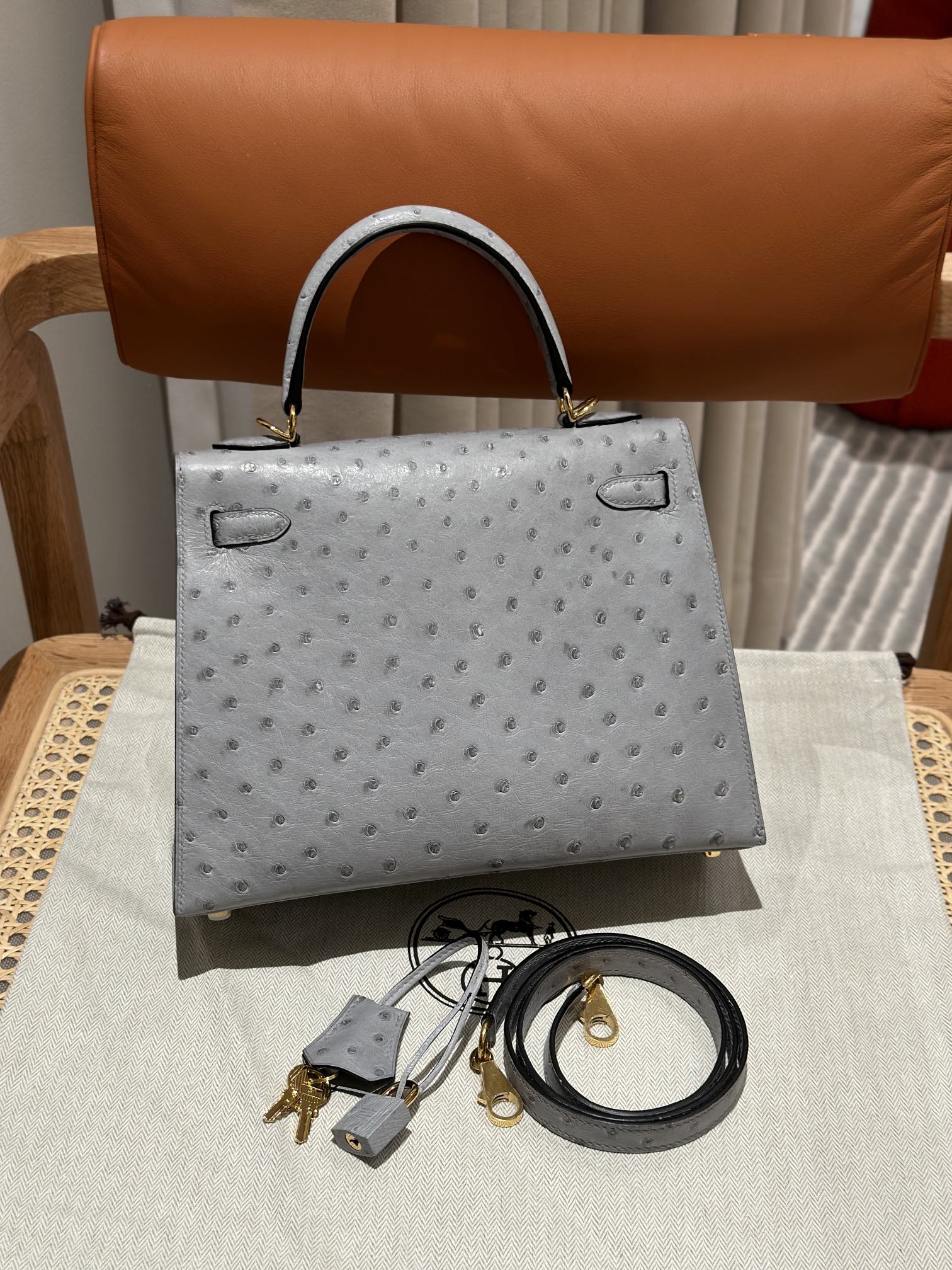 Kelly 25/28/32cm South African KK Ostrich Leather, Premium Fully Handcrafted Exclusive Custom –Blue glacier