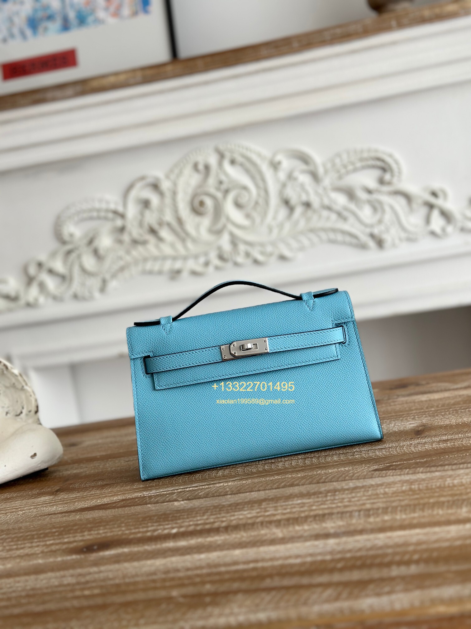 Hermès Mini Pochette Kelly in Candy Blue Made from the most classic Epsom Leather, Imported Purely Handcrafted with Waxed Thread Stitching, High-End Customization