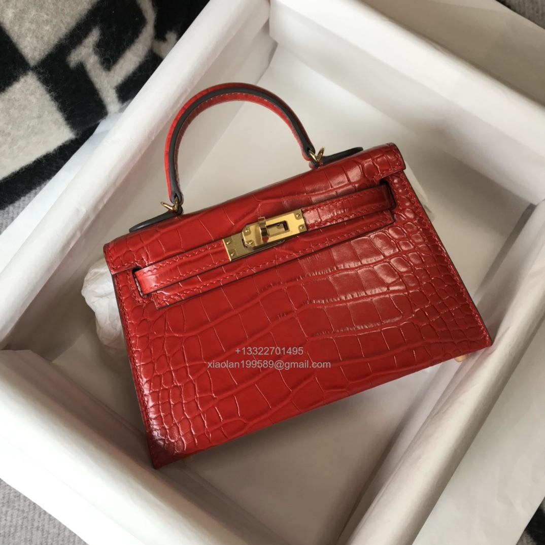 Hermès Mini Kelly in Crocodile Leather, Fully Handmade Premium Private Customization – Flag Red