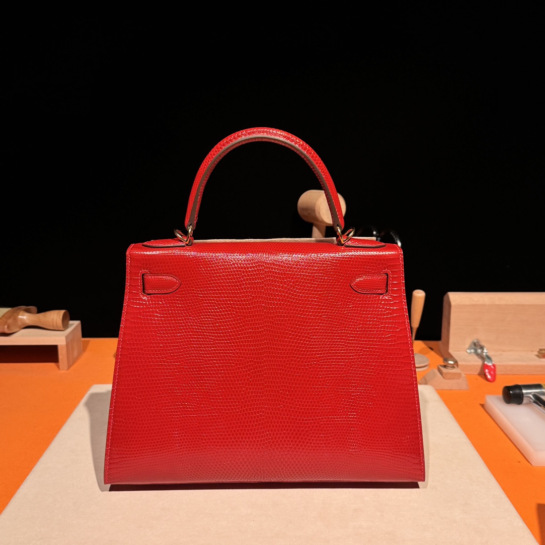 Hermès Kelly – Imported French lizard leather originally from South Africa, 18K gold-plated hardware, premium fully handcrafted exclusive custom-made!Ferrari Red