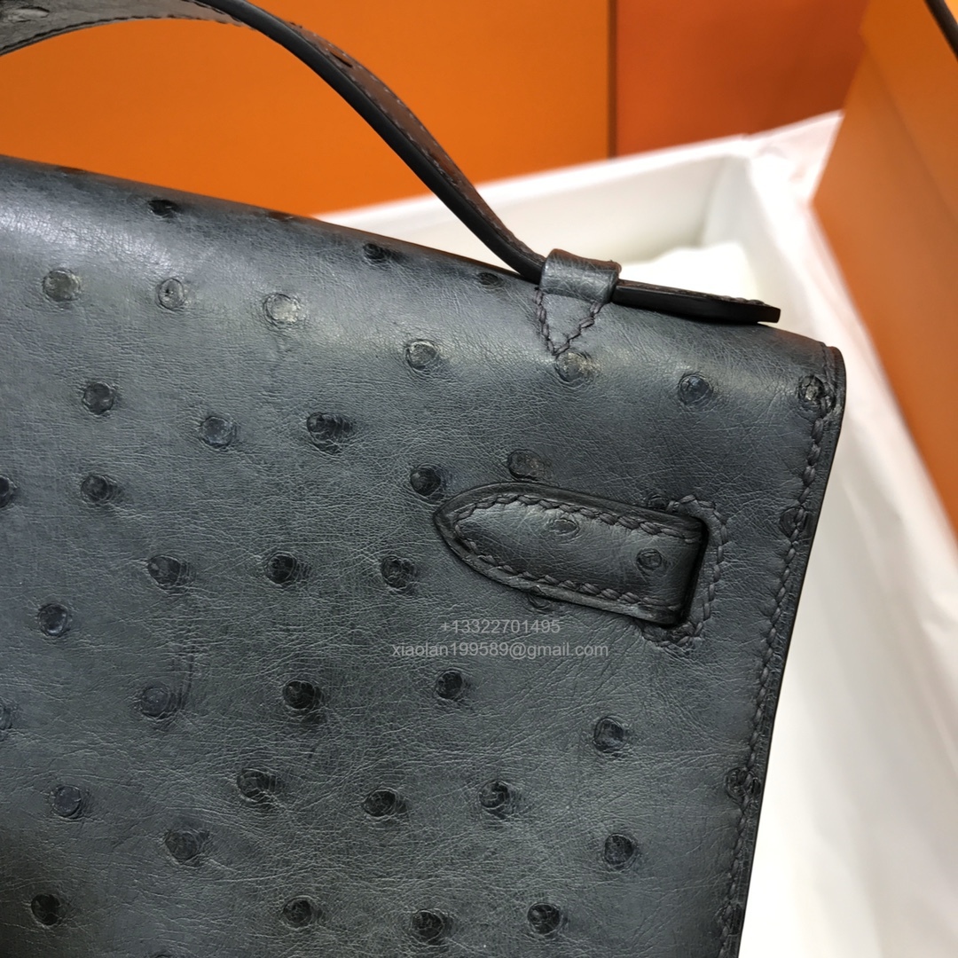 Hermès Kelly Pochette Clutch Bag, South African KK ostrich leather, fully handmade haute couture – Black