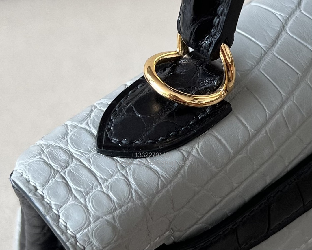 Hermès Kelly 25/28/32cm in Crocodile Leather, Fully Handmade Premium Private Customization-Pearl Grey/Black