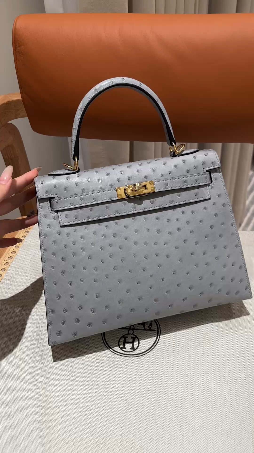 Kelly 25/28/32cm South African KK Ostrich Leather, Premium Fully Handcrafted Exclusive Custom –Blue glacier