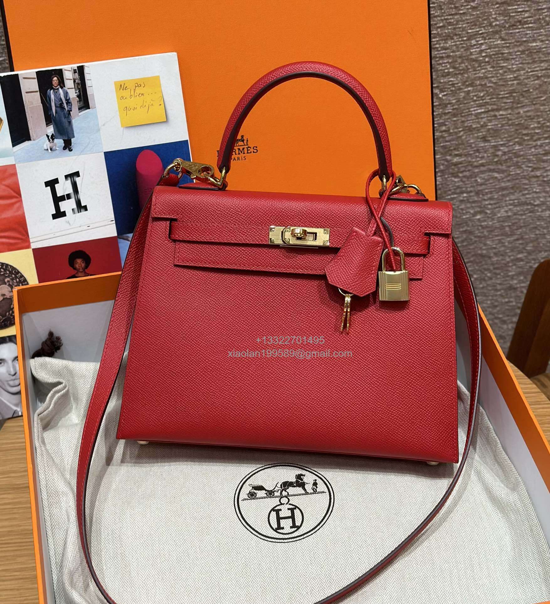 Hermès Kelly Handbag in Flag Red Epsom Cowhide Leather, Purely Handcrafted, High-End Customization Edition
