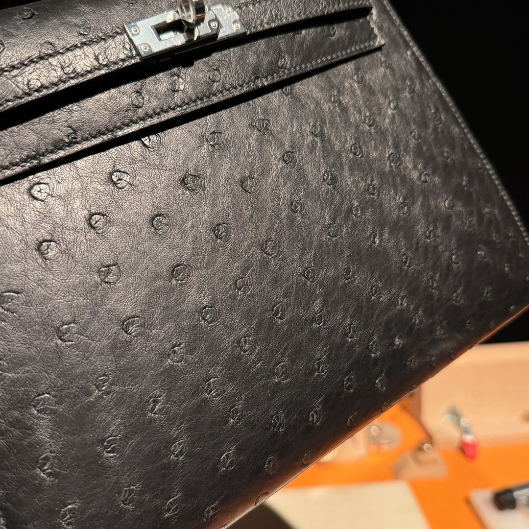 Kelly 25/28/32cm South African KK Ostrich Leather, Premium Fully Handcrafted Exclusive Custom –Black