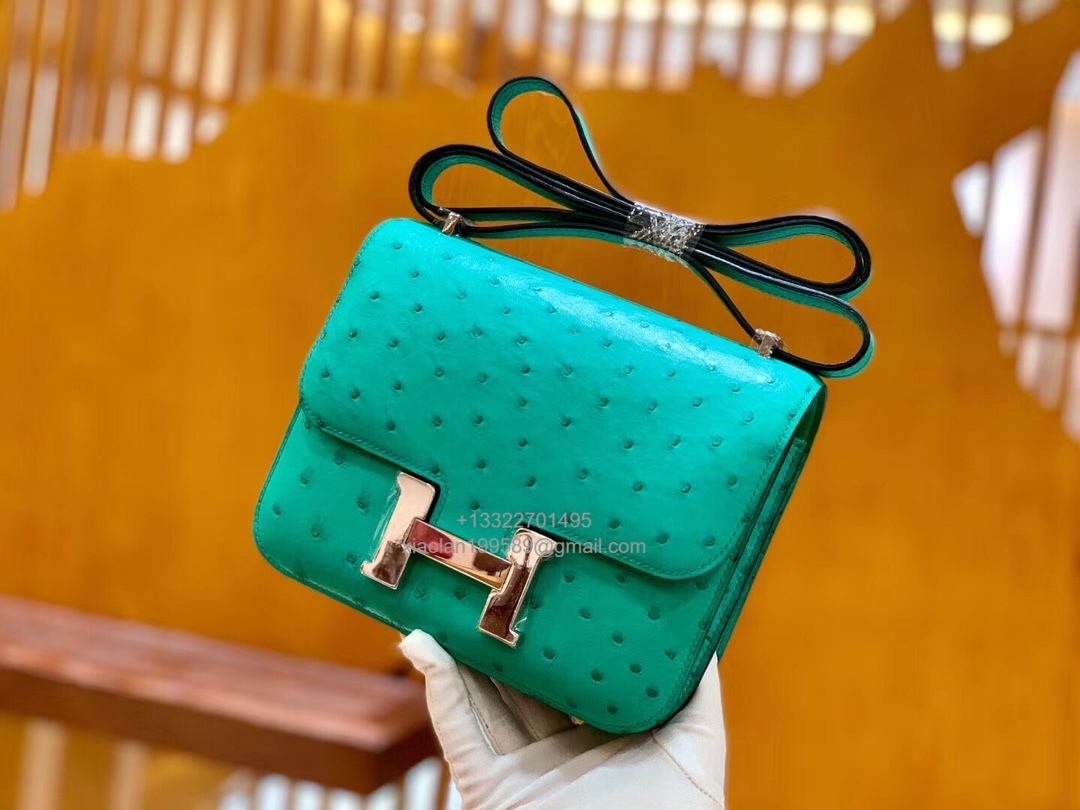 Hermès Constance 18/24 in Ostrich Leather, Premium Fully Handmade Exclusive Customization –Lagoon Green