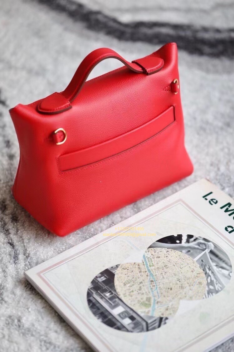 Hermès 24/24 Mini-21 Bag in Evercolor and Swift Leather, Red, Top-tier 1:1 Handmade Craftsmanship.