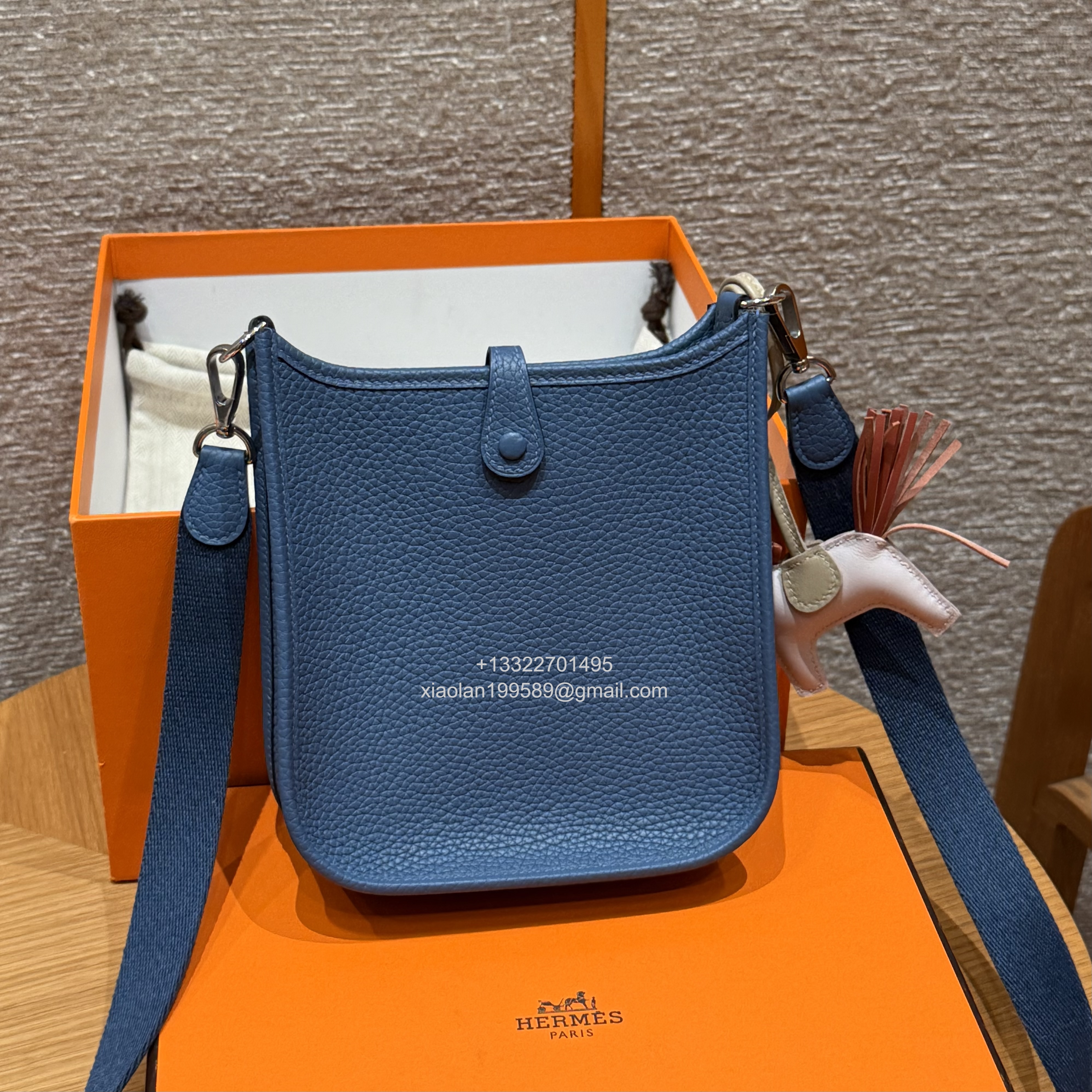 Hermès Evelyne mini Bag in Clemence Leather, Premium Handcrafted Customization-Blue agate