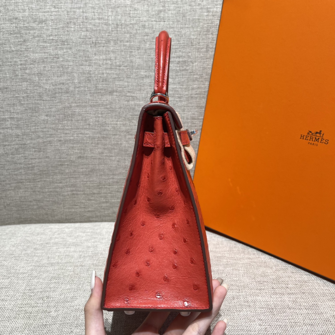 Kelly 25/28/32cm South African KK Ostrich Leather, Premium Fully Handcrafted Exclusive Custom –Flag Red