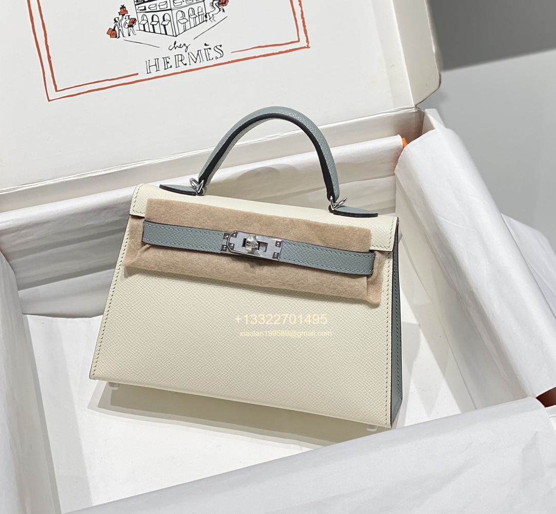 Hermès Mini Kelly II in Milky White / Glacier Blue  • Made from Imported Epsom Leather • Steel Hardware • Handcrafted with Waxed Thread Stitching
