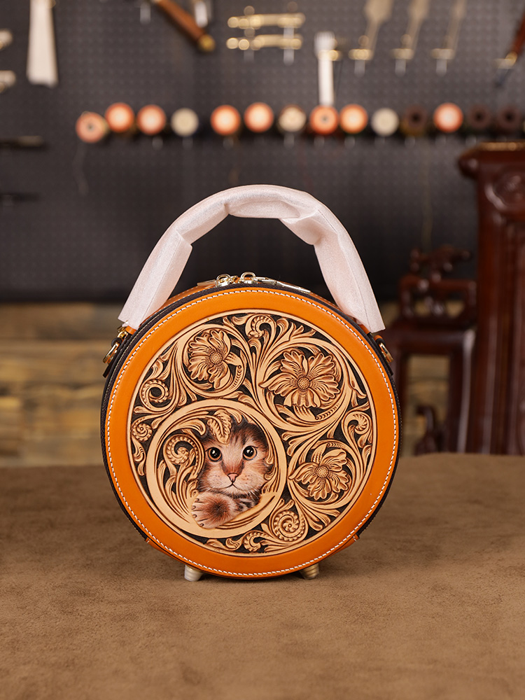 New Chinese-style Round Bag, Handcrafted Leather Carving, Luxury Women's Handbag, Trendy Niche Shoulder and Crossbody Bag.
