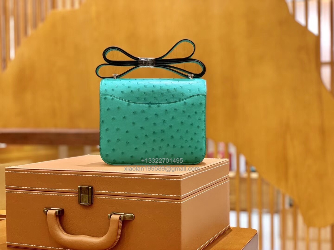 Hermès Constance 18/24 in Ostrich Leather, Premium Fully Handmade Exclusive Customization –Lagoon Green
