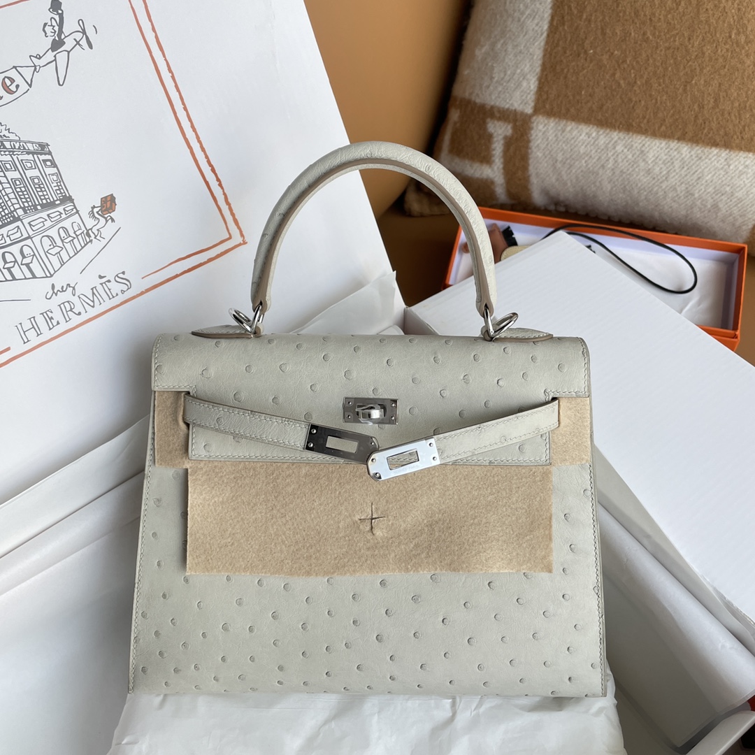 Kelly 25/28/32cm South African KK Ostrich Leather, Premium Fully Handcrafted Exclusive Custom –pearl-gray