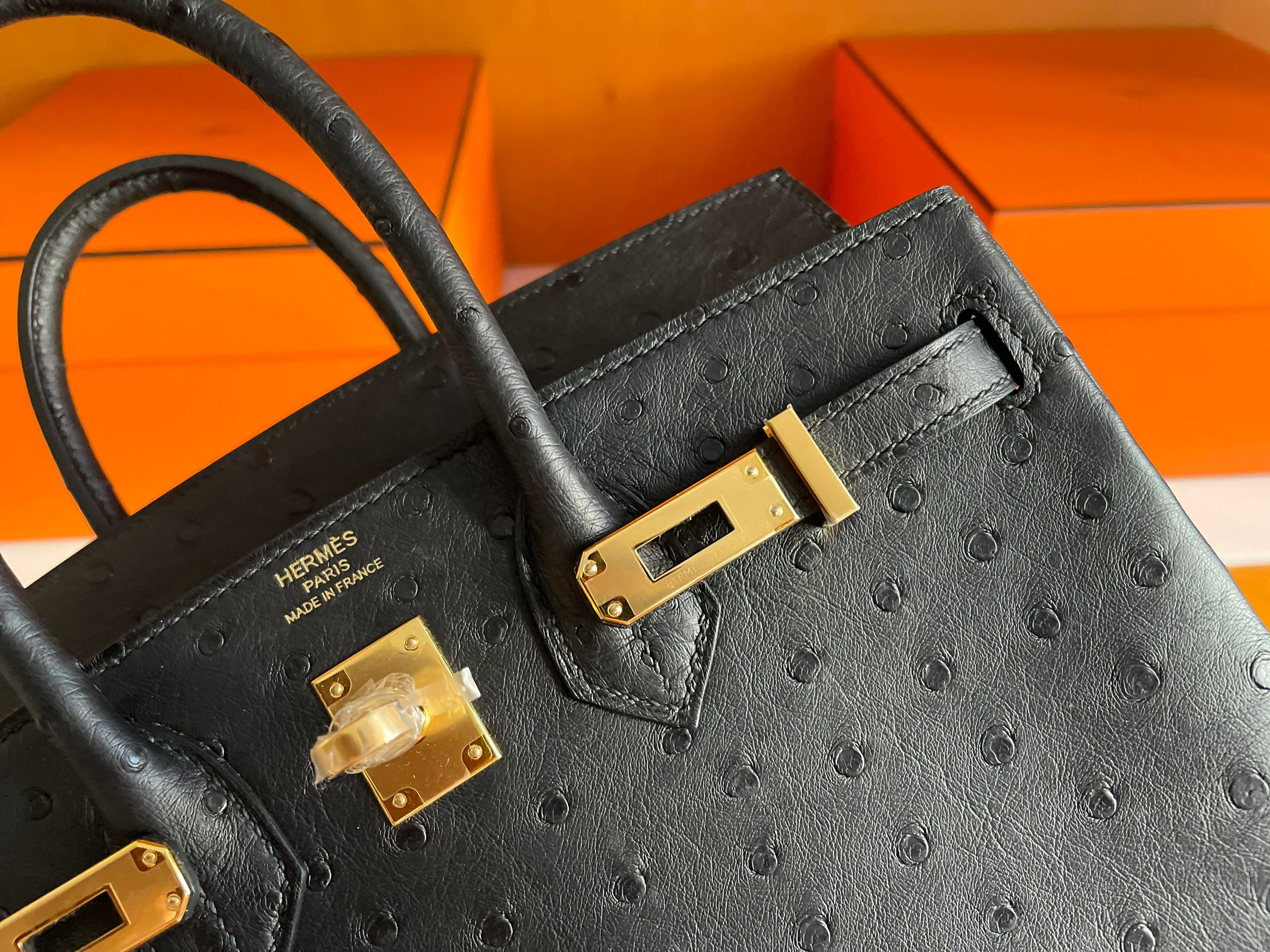 Birkin 25/30/35cm South African KK Ostrich Leather, Premium Fully Handcrafted Exclusive Custom –black