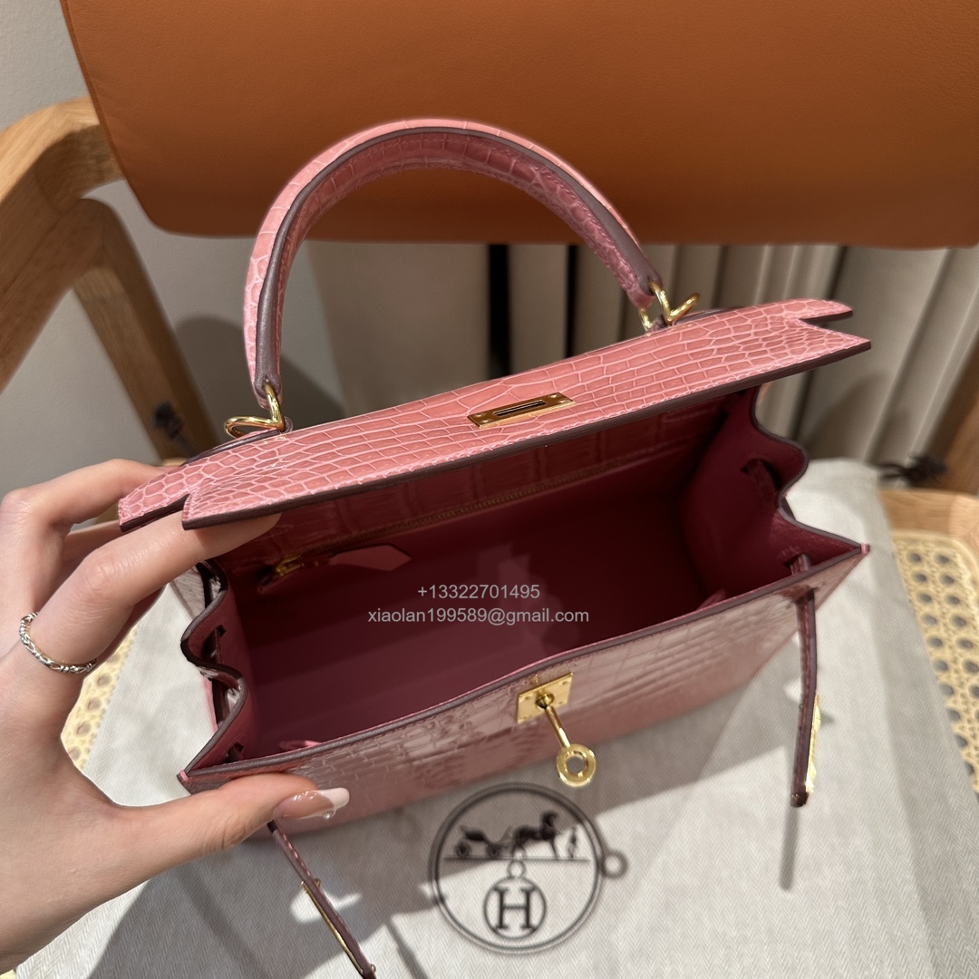 Hermès Kelly 25/28/32cm in Crocodile Leather, Fully Handmade Premium Private Customization-Milkshake Pink