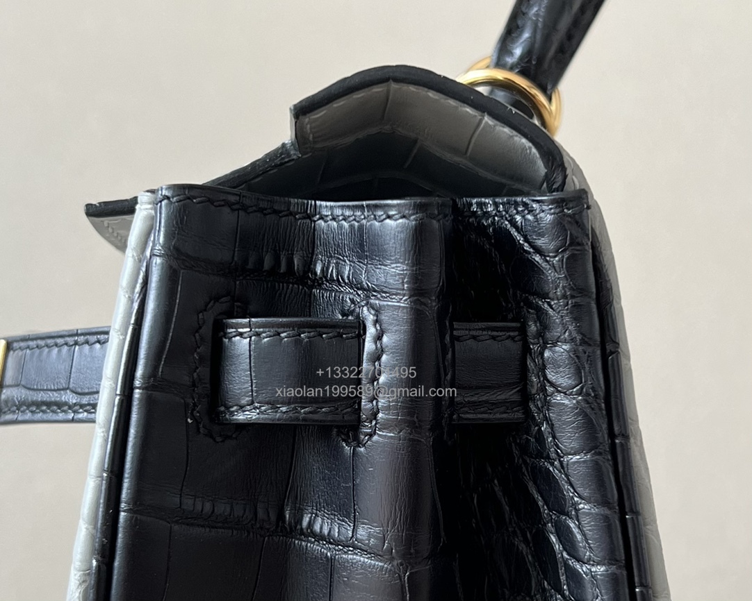 Hermès Kelly 25/28/32cm in Crocodile Leather, Fully Handmade Premium Private Customization-Pearl Grey/Black