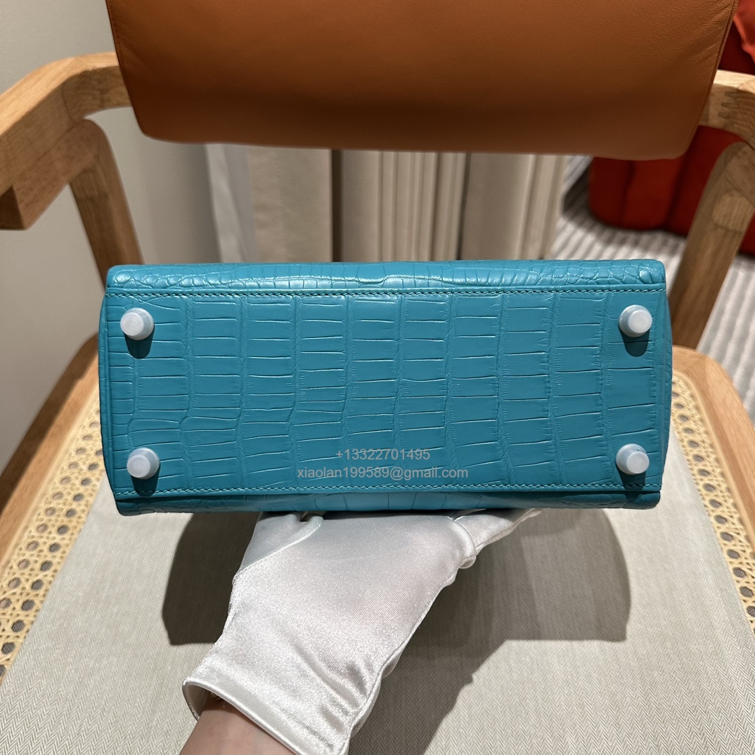 Hermès Kelly 25/28/32cm in Crocodile Leather, Fully Handmade Premium Private Customization-7F/Blue Paon