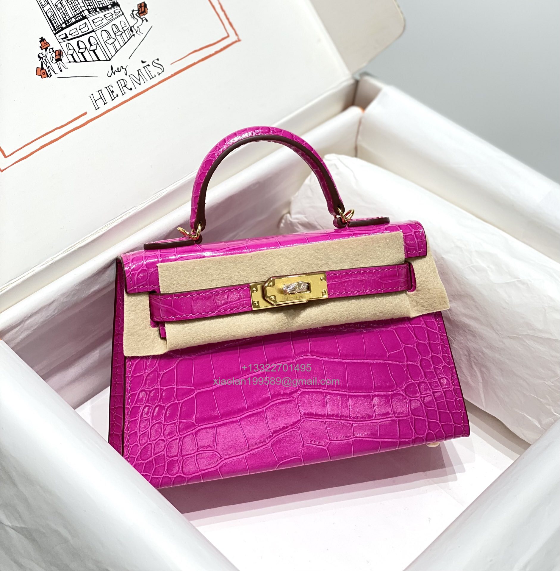 Hermès Mini Kelly in Crocodile Leather, Fully Handmade Premium Private Customization – Scheherazade Purple