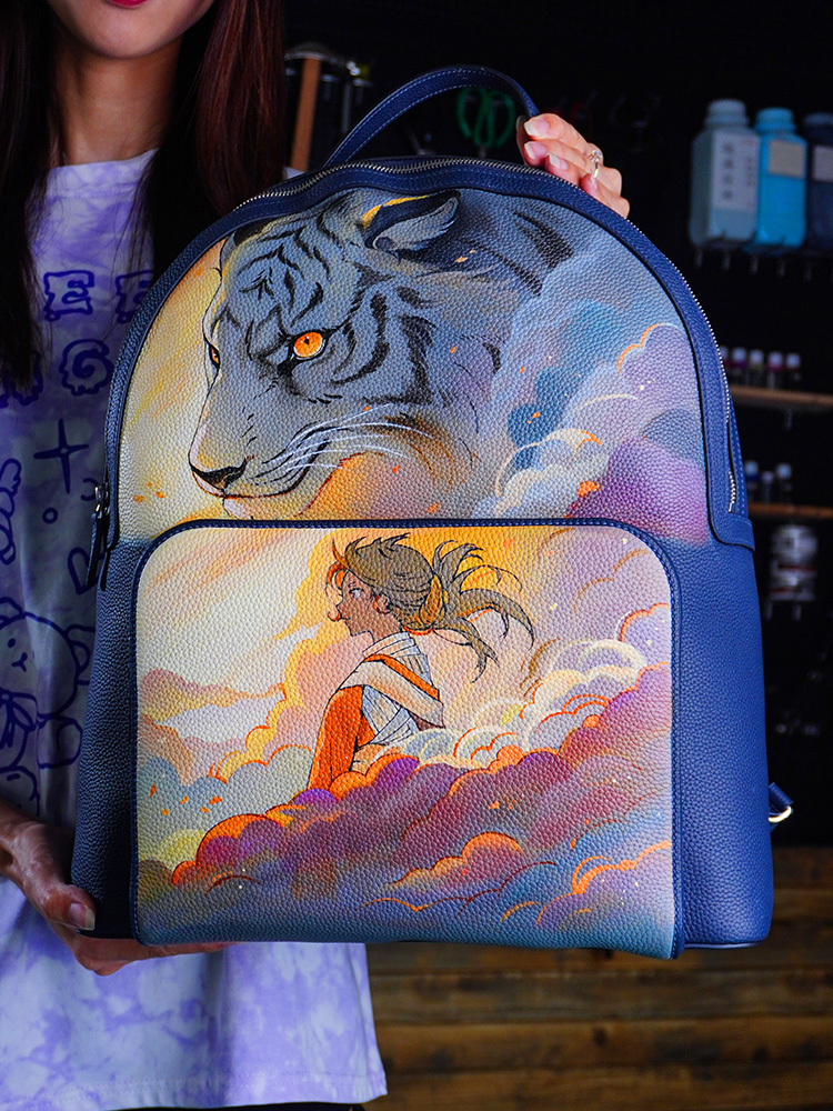 Handcrafted Leather Painted Backpack, Men's and Women's Anime and Chinese Trendy Student Bag, New Chinese-style Bag.