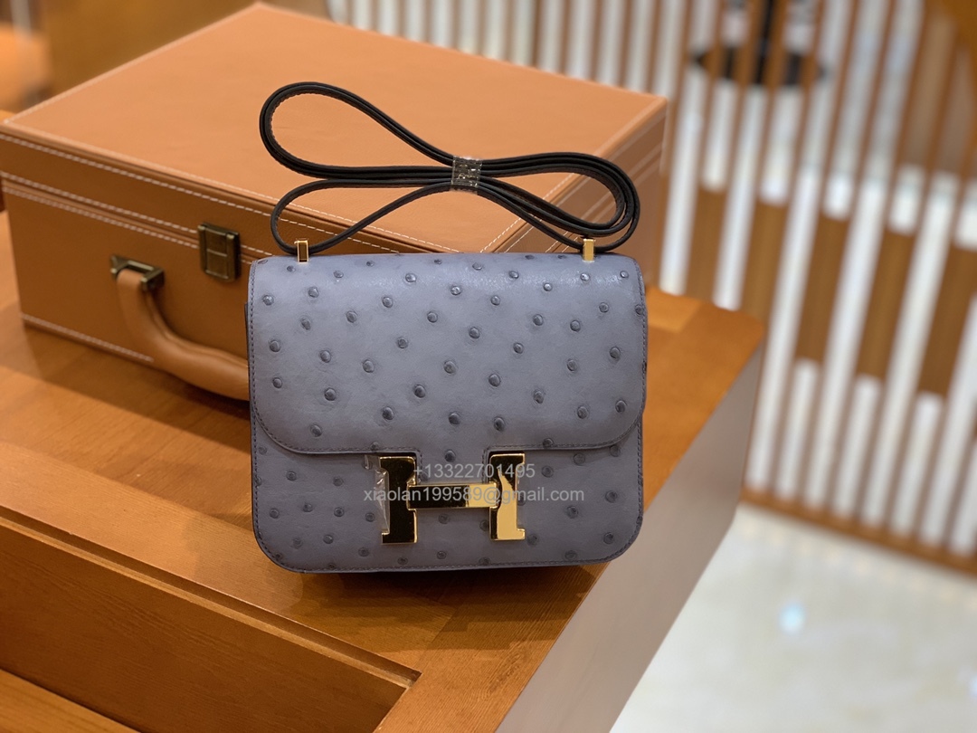 Hermès Constance 18/24 in Ostrich Leather, Premium Fully Handmade Exclusive Customization –Asphalt Grey