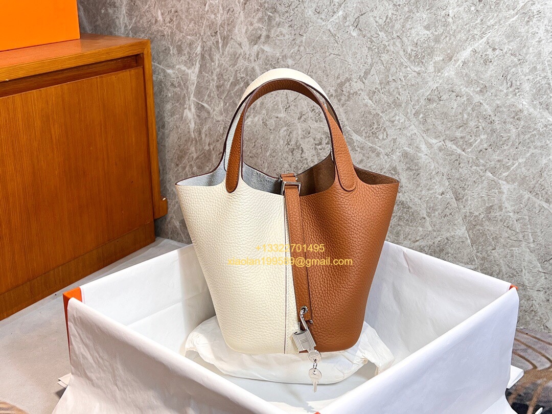 Special Custom Bicolor Edition Hermès Picotin Lock 18/22 in Clemence Leather, Hand-stitched with Beeswax Thread, Gold/Silver Hardware.