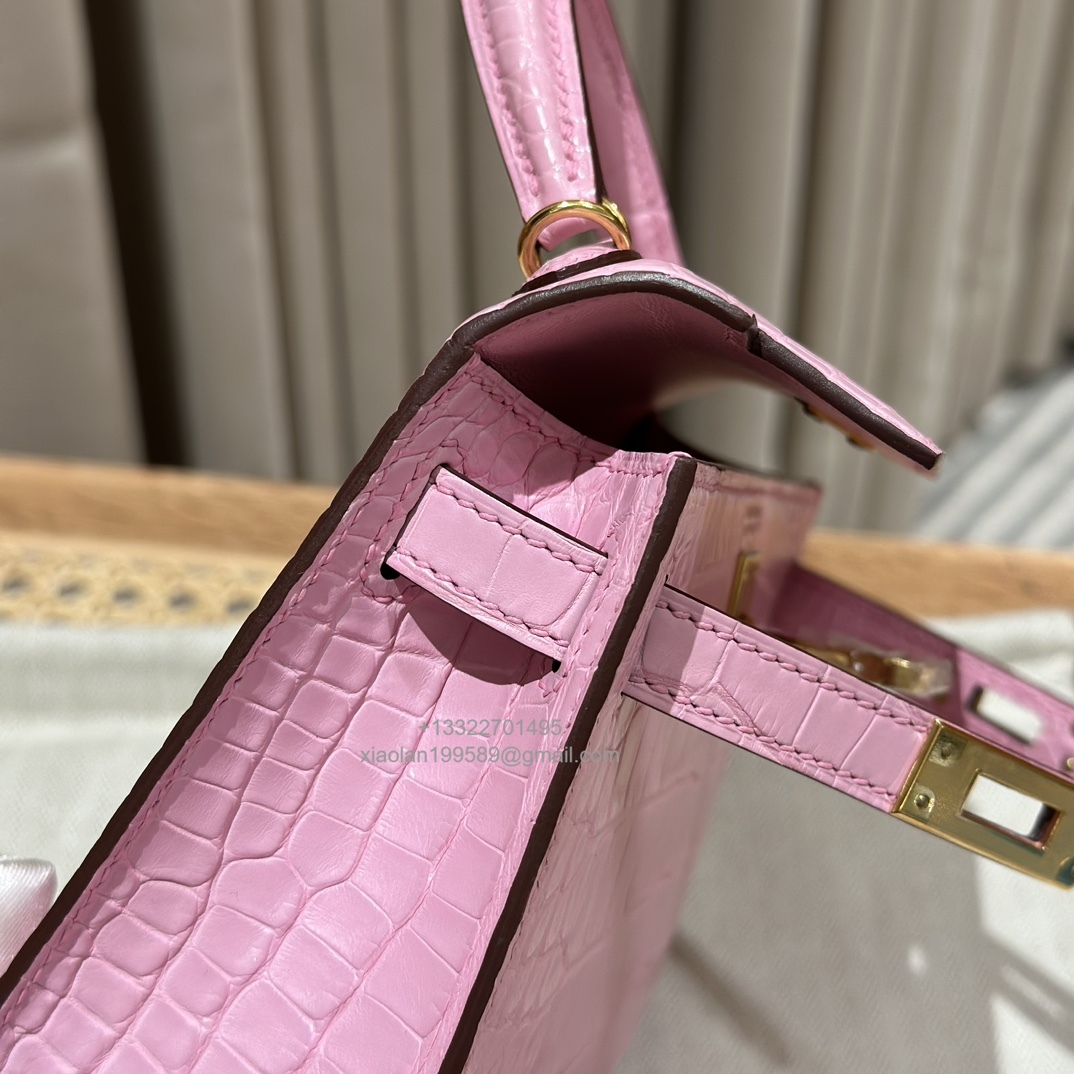 Hermès Mini Kelly in Crocodile Leather, Fully Handmade Premium Private Customization –Sakura Pink