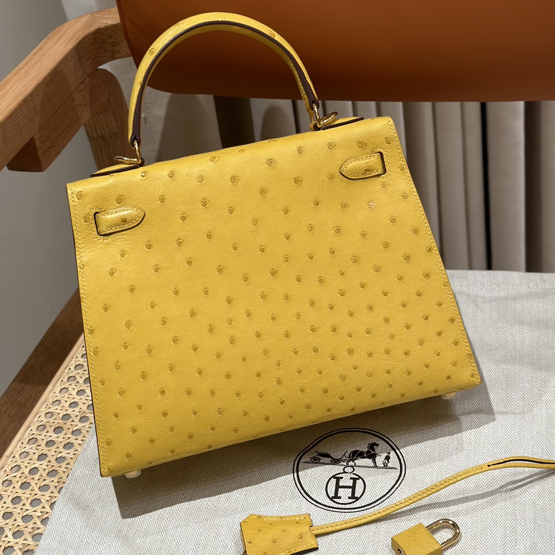 Kelly 25/28/32cm South African KK Ostrich Leather, Premium Fully Handcrafted Exclusive Custom –Jaune De Naples