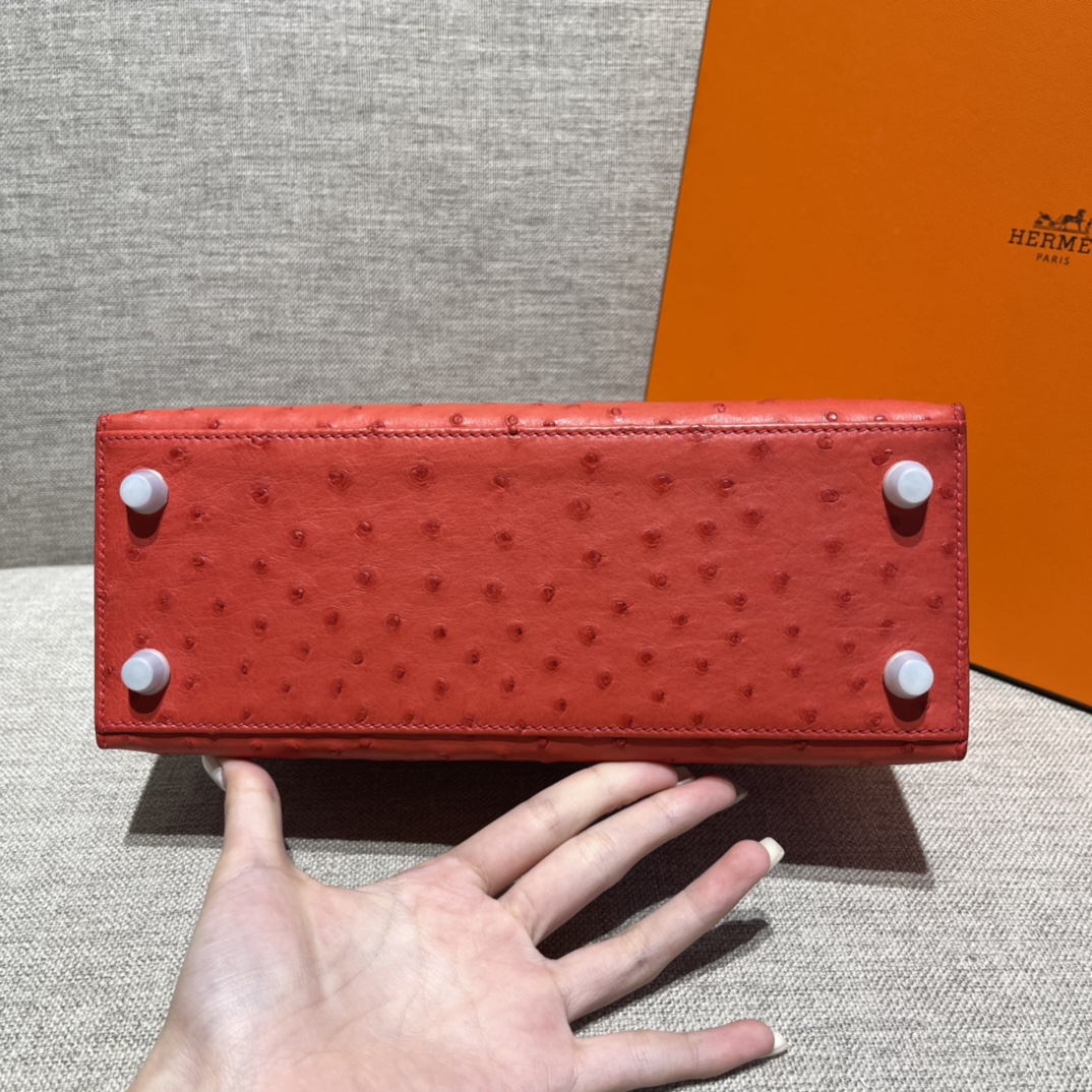 Kelly 25/28/32cm South African KK Ostrich Leather, Premium Fully Handcrafted Exclusive Custom –Flag Red