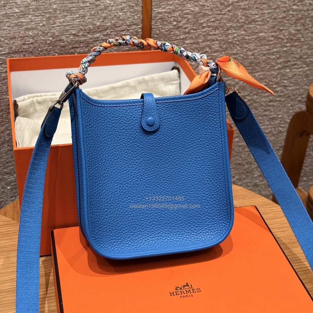Hermès Evelyne mini Bag in Clemence Leather, Premium Handcrafted Customization-Blue zelige